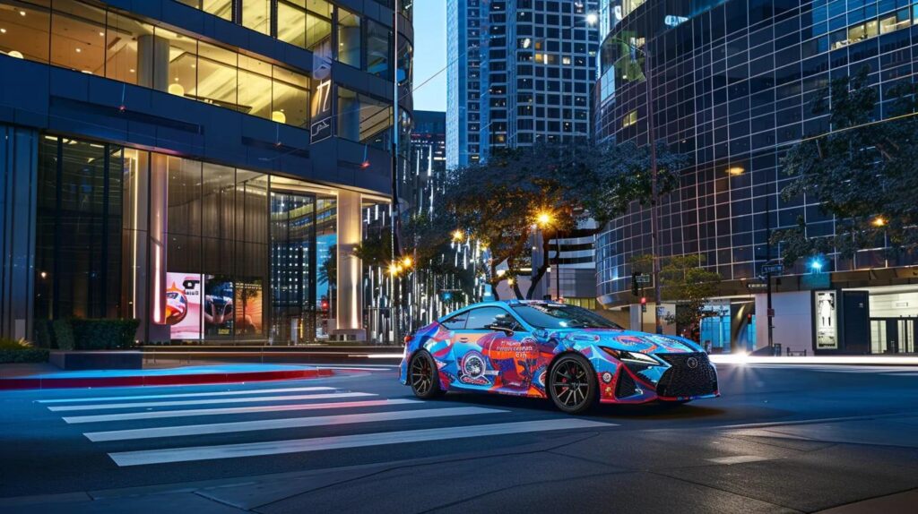 a dynamic urban street scene featuring a strikingly wrapped custom car adorned with vivid, eye-catching graphics, positioned against a modern city skyline that emphasizes innovative branding strategies.