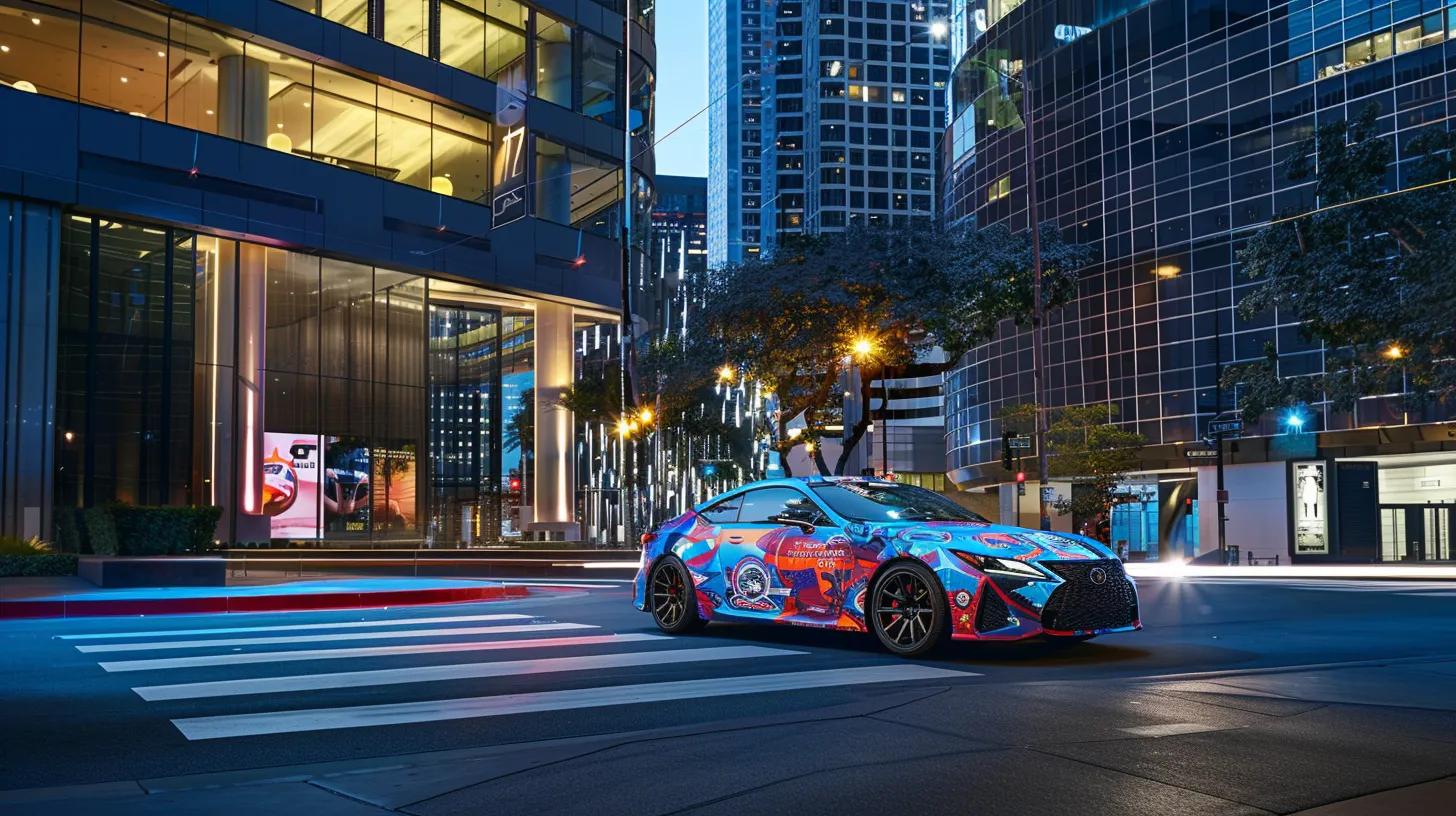 a dynamic urban street scene featuring a strikingly wrapped custom car adorned with vivid, eye-catching graphics, positioned against a modern city skyline that emphasizes innovative branding strategies.