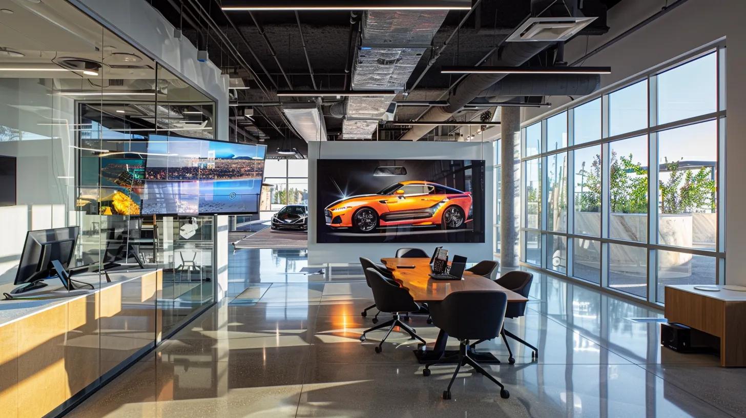 a sleek, modern office setting captures a collaborative meeting where design experts and clients review vibrant car wrap mockups on a digital display, showcasing the custom design process from consultation to installation.