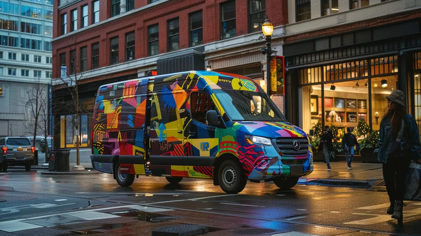 a vibrant, fully wrapped delivery van displays bold graphics and logos that convey a strong brand message, parked in a bustling urban setting filled with pedestrians and storefronts, illustrating the power of mobile advertising.