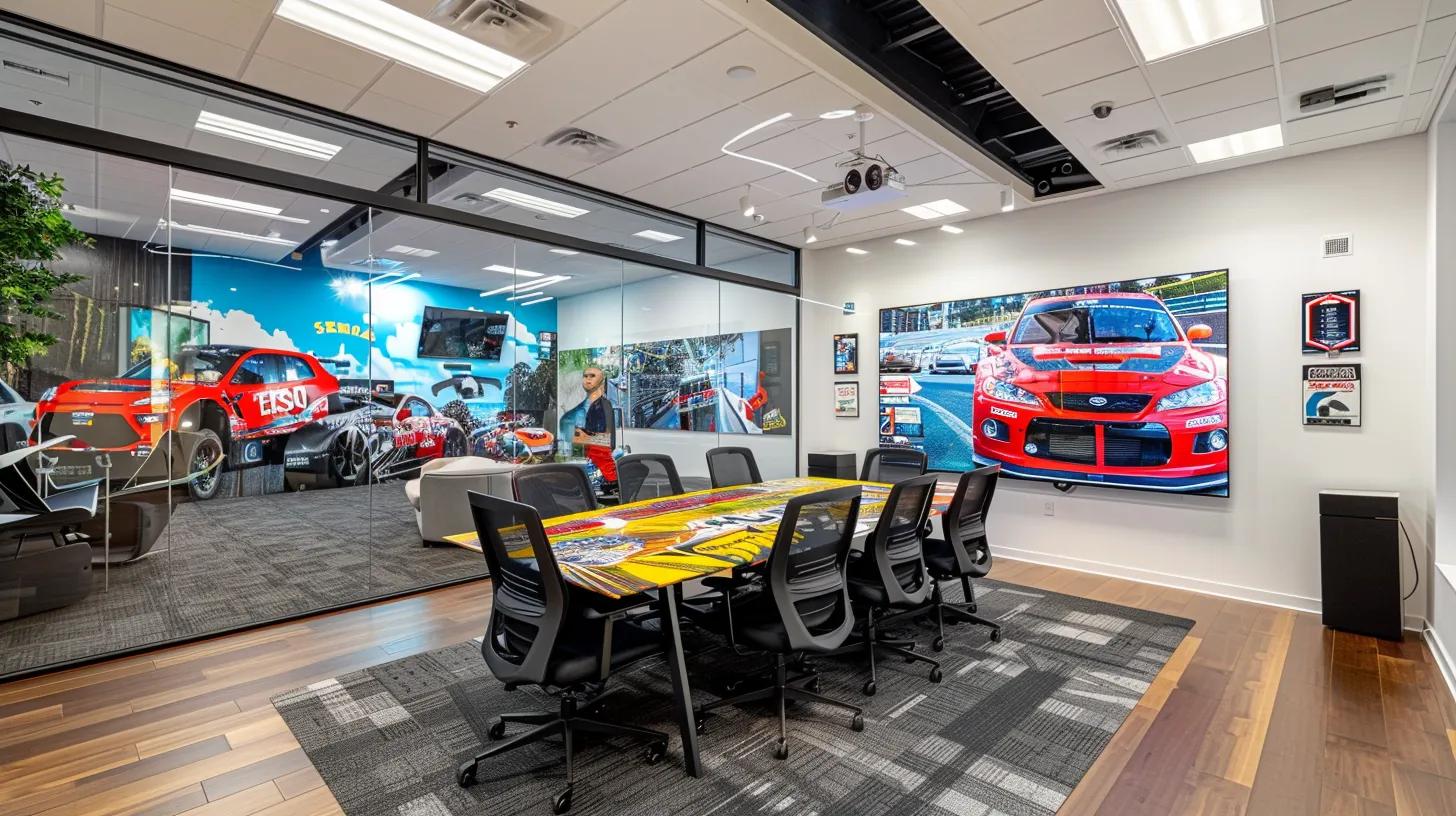 a sleek, modern office showcases vibrant custom car wraps displayed on digital screens, emphasizing the latest trends in high-definition printing and interactive designs, with a professional team collaborating around a conference table.