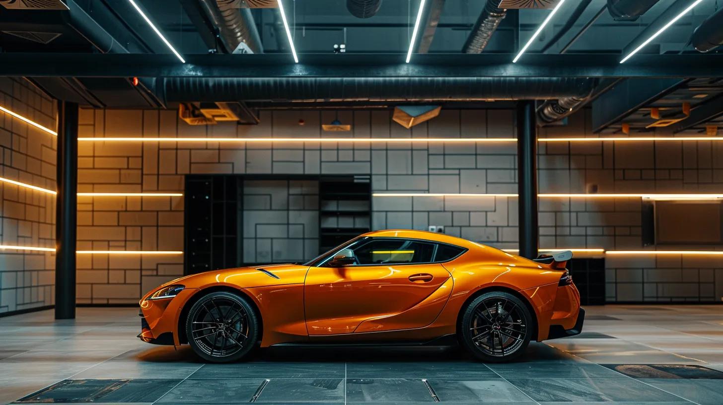 a sleek, modern vehicle showcased in a well-lit urban garage, featuring a vibrant, high-quality vinyl wrap that highlights its flawless installation, emphasizing professionalism and durability.