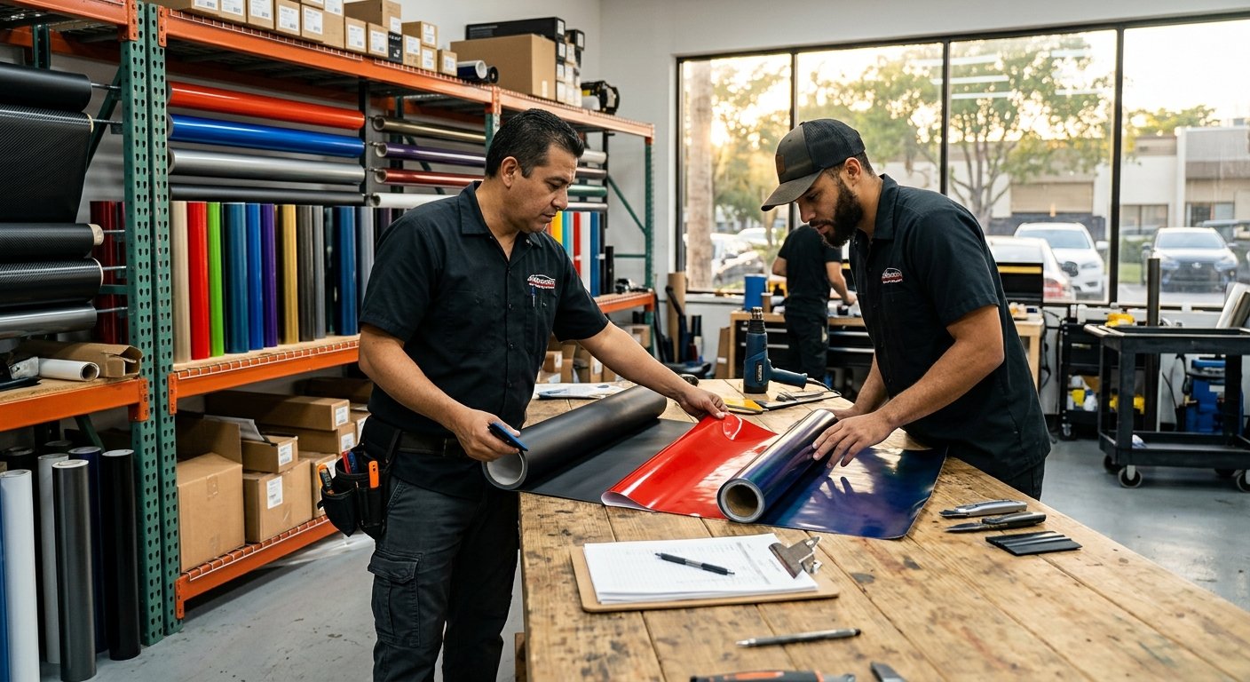Two wrap installers compare large vinyl film swatches in matte, gloss, and color-flip finishes on a workbench inside a bright