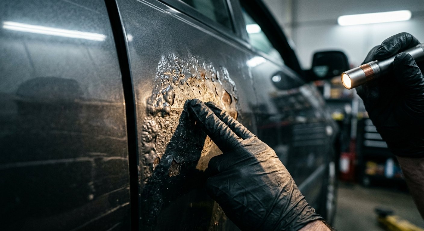 Gloved hands using a penlight to inspect bubbling and flaking paint on a car door panel in a garage