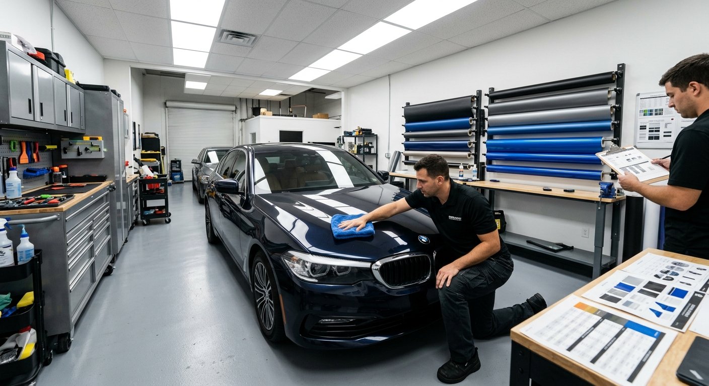 Two technicians in a professional auto shop prepping a dark sedan's surface before vinyl wrap installation, tools and materia