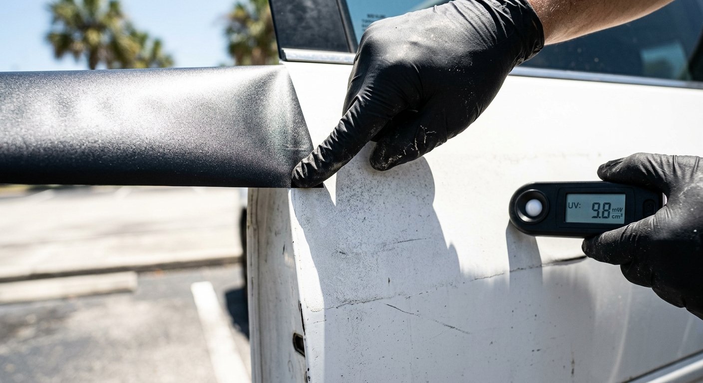 Gloved hands holding cast vinyl film and UV meter against a car panel in intense midday sunlight, shallow depth of field