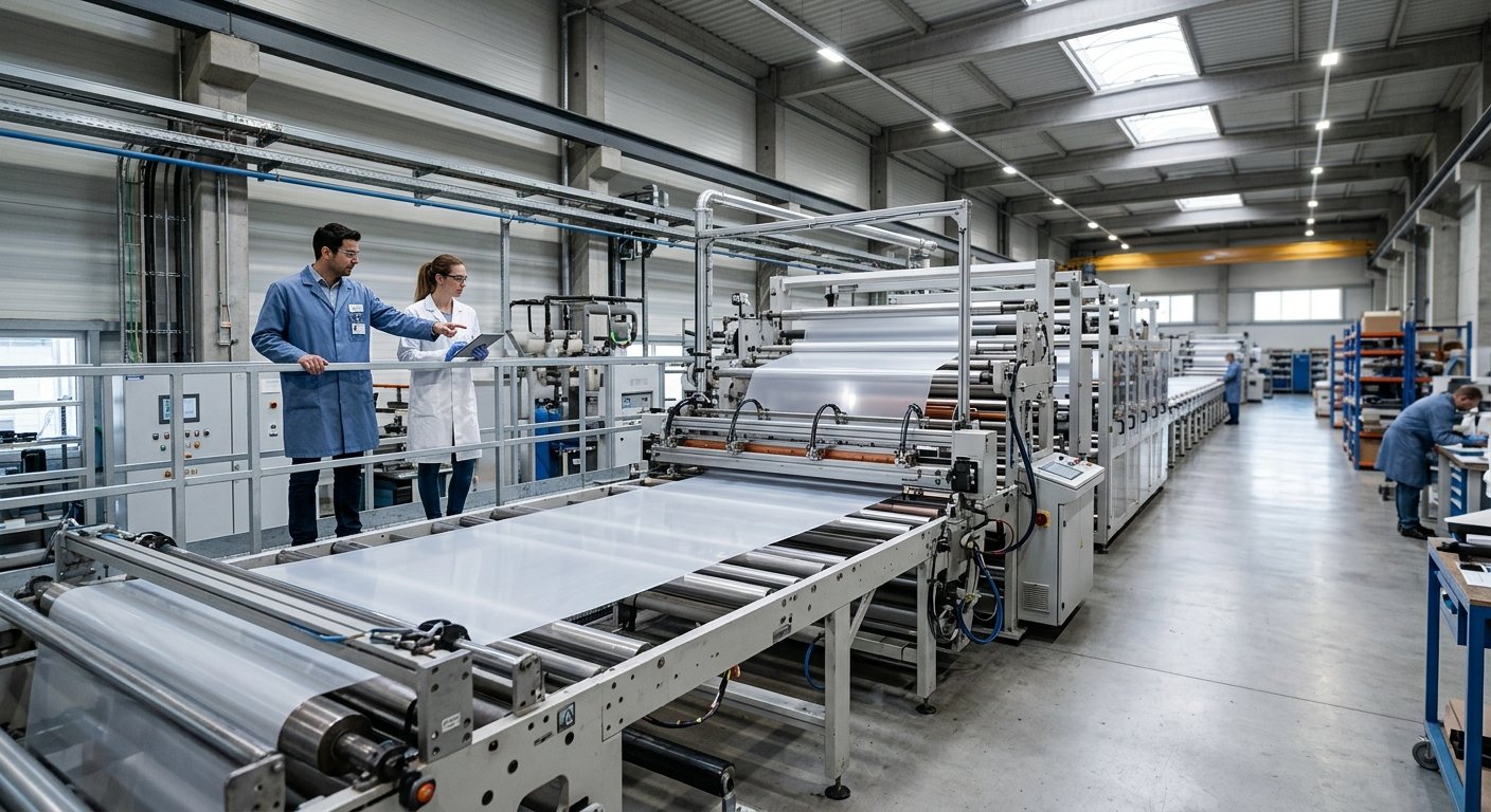 Two technicians in lab coats observing a cast film production line inside a large, well-lit manufacturing facility