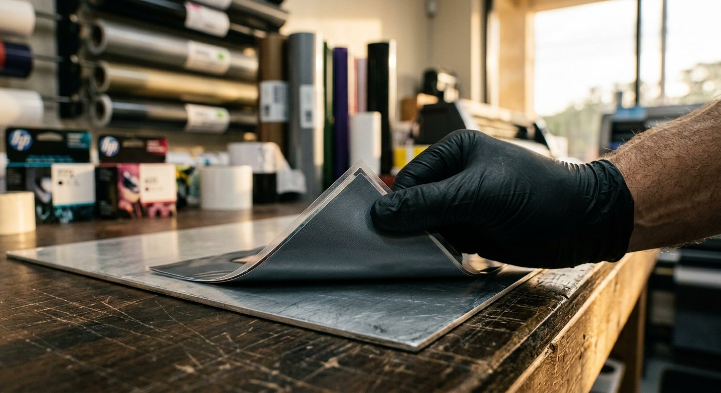 Gloved hand pressing a laminated vinyl graphic onto a metal substrate panel, with stacked film rolls blurred in the backgroun