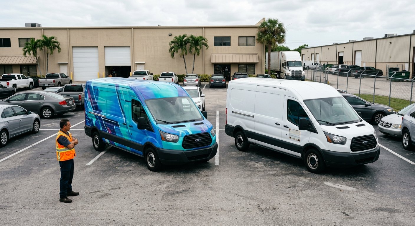 Fleet manager standing in a parking lot comparing a fully wrapped delivery van to a plain van with a small magnetic sign on i