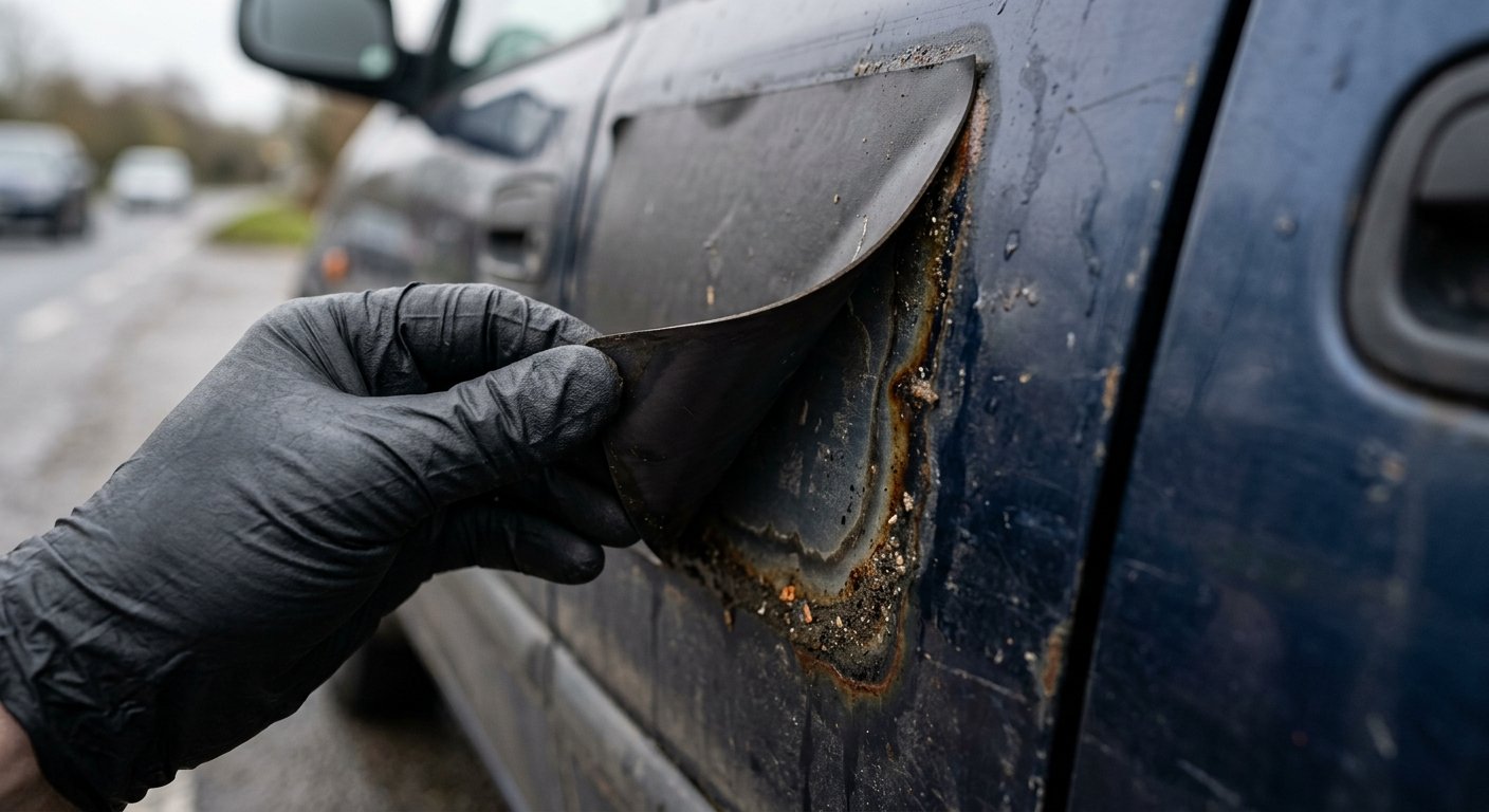 Gloved hand lifting the edge of a magnetic sign off a vehicle door, exposing a rust-stained outline and trapped grit beneath