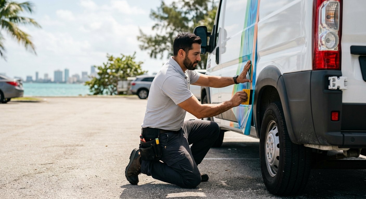 Installer kneeling beside a commercial van, pressing glossy vinyl wrap onto the rear panel with a squeegee on a sunny coastal