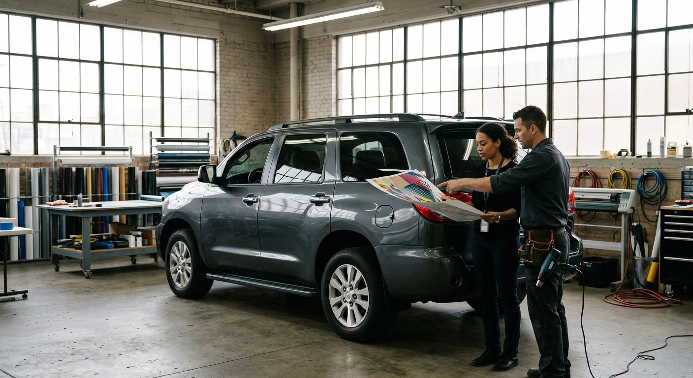Two people reviewing a printed wrap design proof on the hood of an SUV inside a sunlit studio workshop
