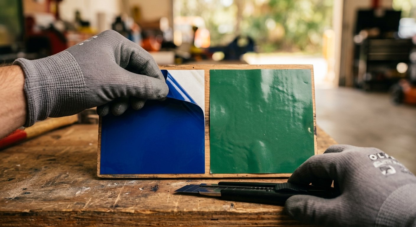 Gloved hands peeling back corners of two vinyl film samples on a workbench, showing texture differences between the two mater