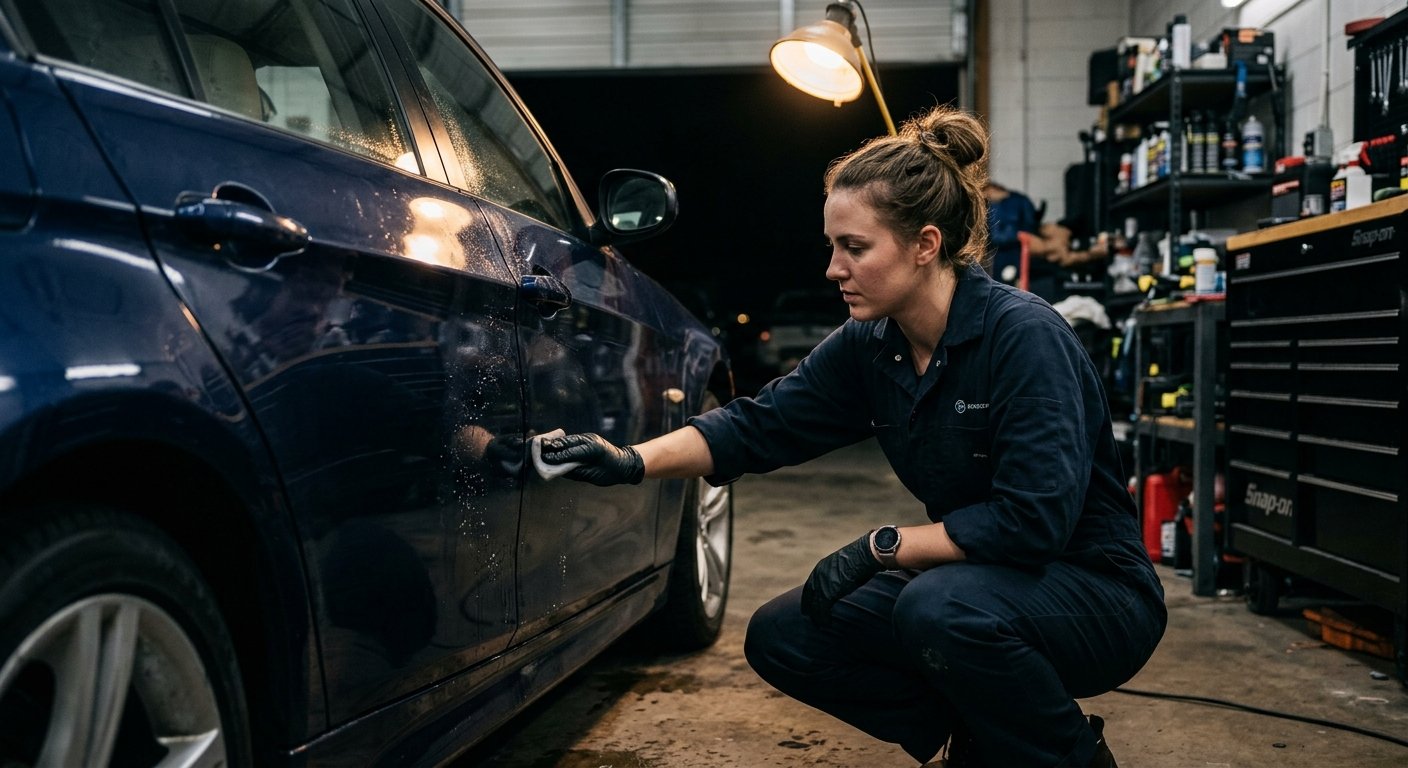 Female technician crouching at a car door panel in an evening shop, clay-barring the paint surface under a warm work lamp.