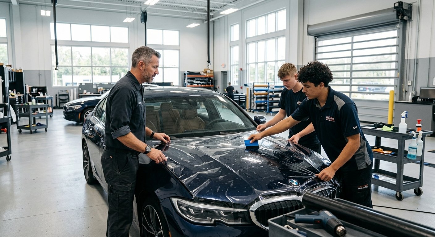Instructor and two apprentices applying protective film to a car hood inside a professional automotive training facility