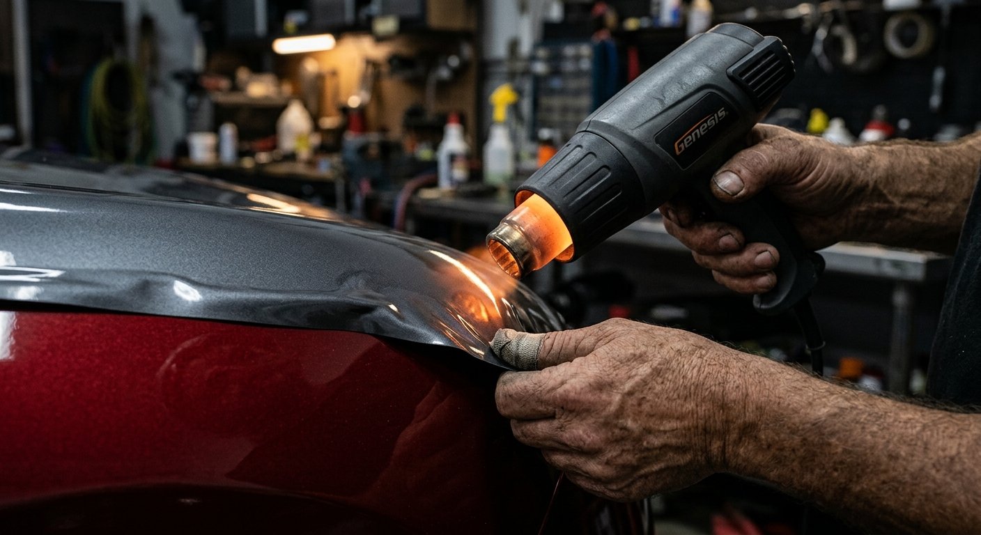 Close-up of hands applying heat gun to the curved edge of vehicle wrap film in a dim workshop