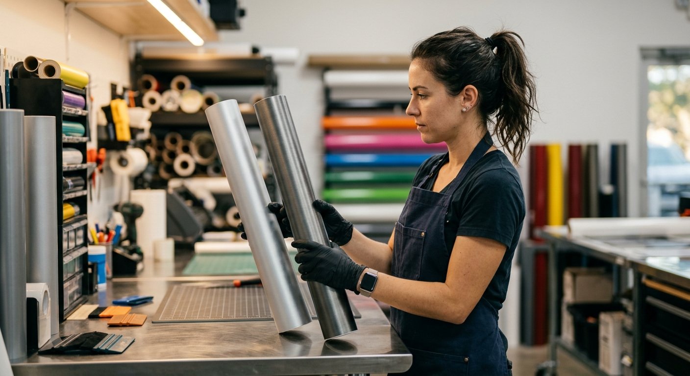Female wrap installer comparing two large rolls of vinyl film at a studio counter, examining surface finishes side by side