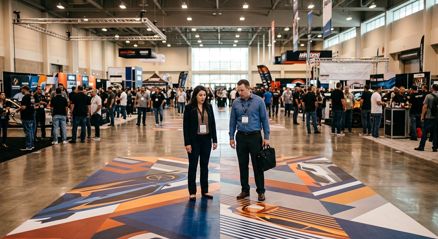 Two attendees at a convention hall look down at a large geometric floor graphic on polished concrete, with a crowd in the bac