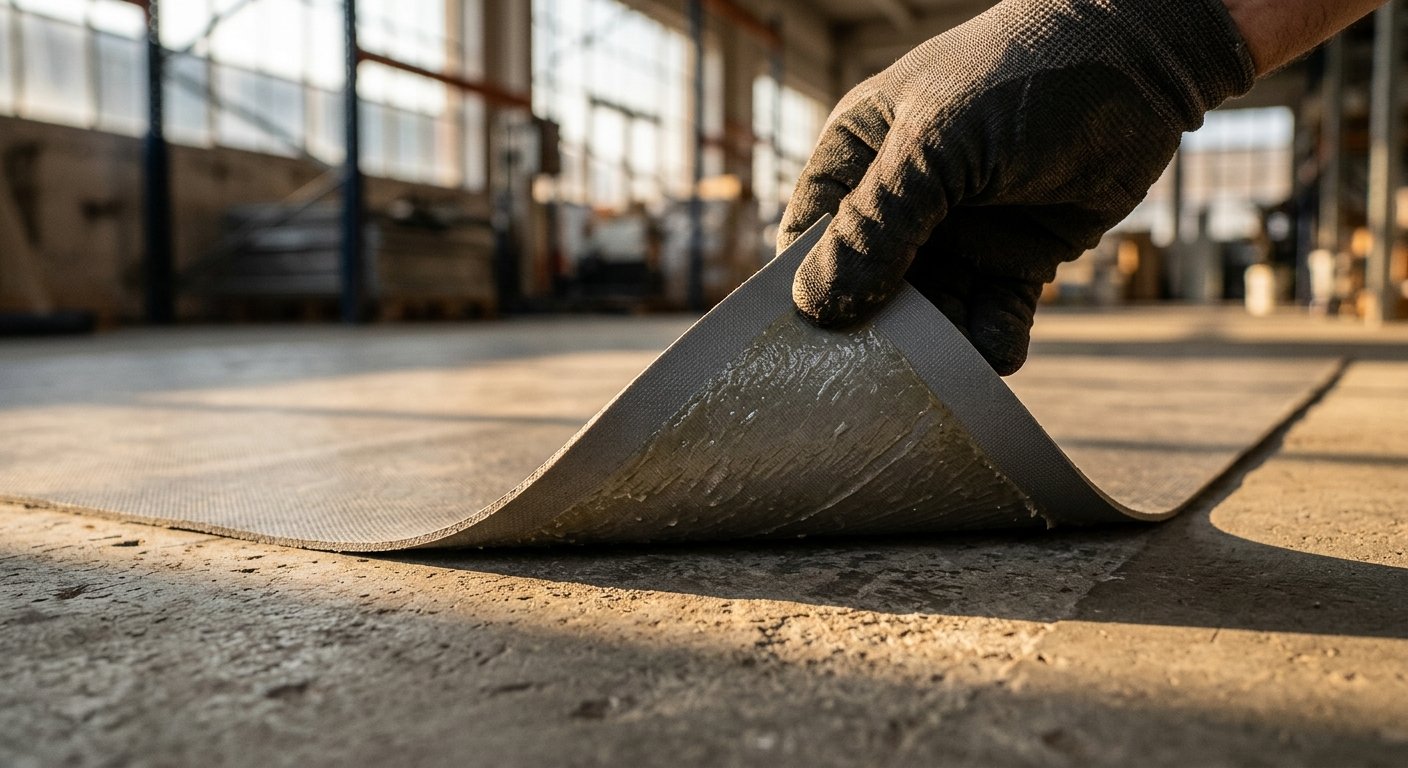 Gloved hand peeling back a corner of thick floor vinyl film, showing adhesive layer on concrete, in warm side-lit warehouse