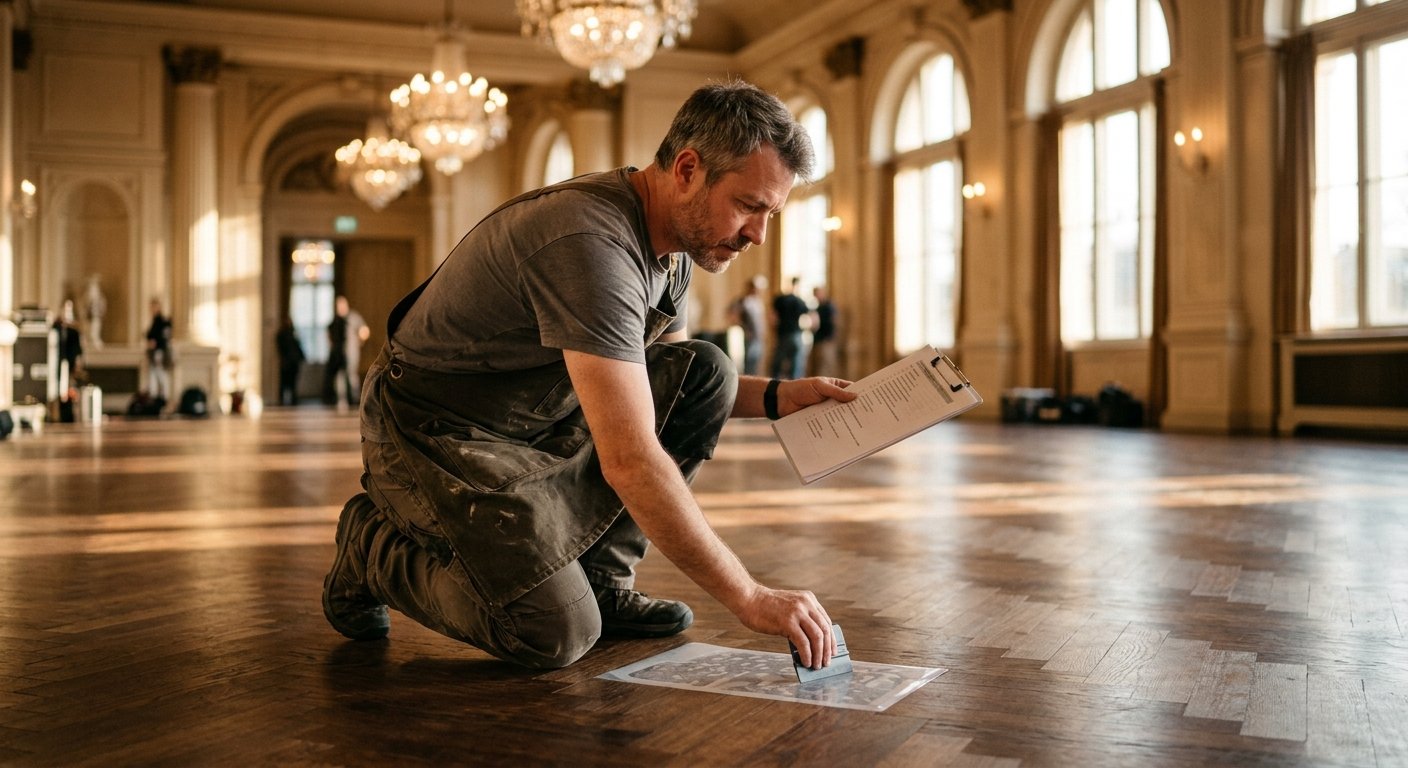 Male installer kneeling on hardwood ballroom floor, pressing a film test patch with one hand and holding a checklist in the o